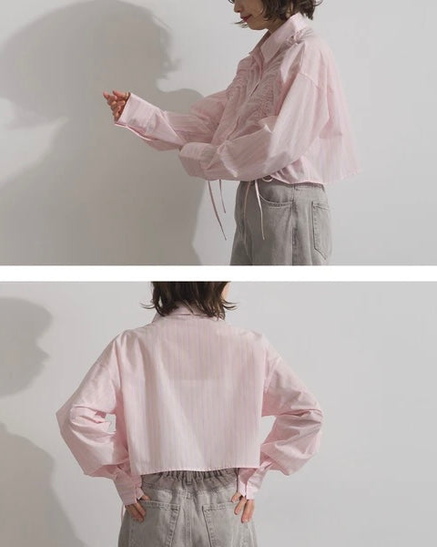 TP739- Front Shirring Short Length Shirt | Pink | Blue