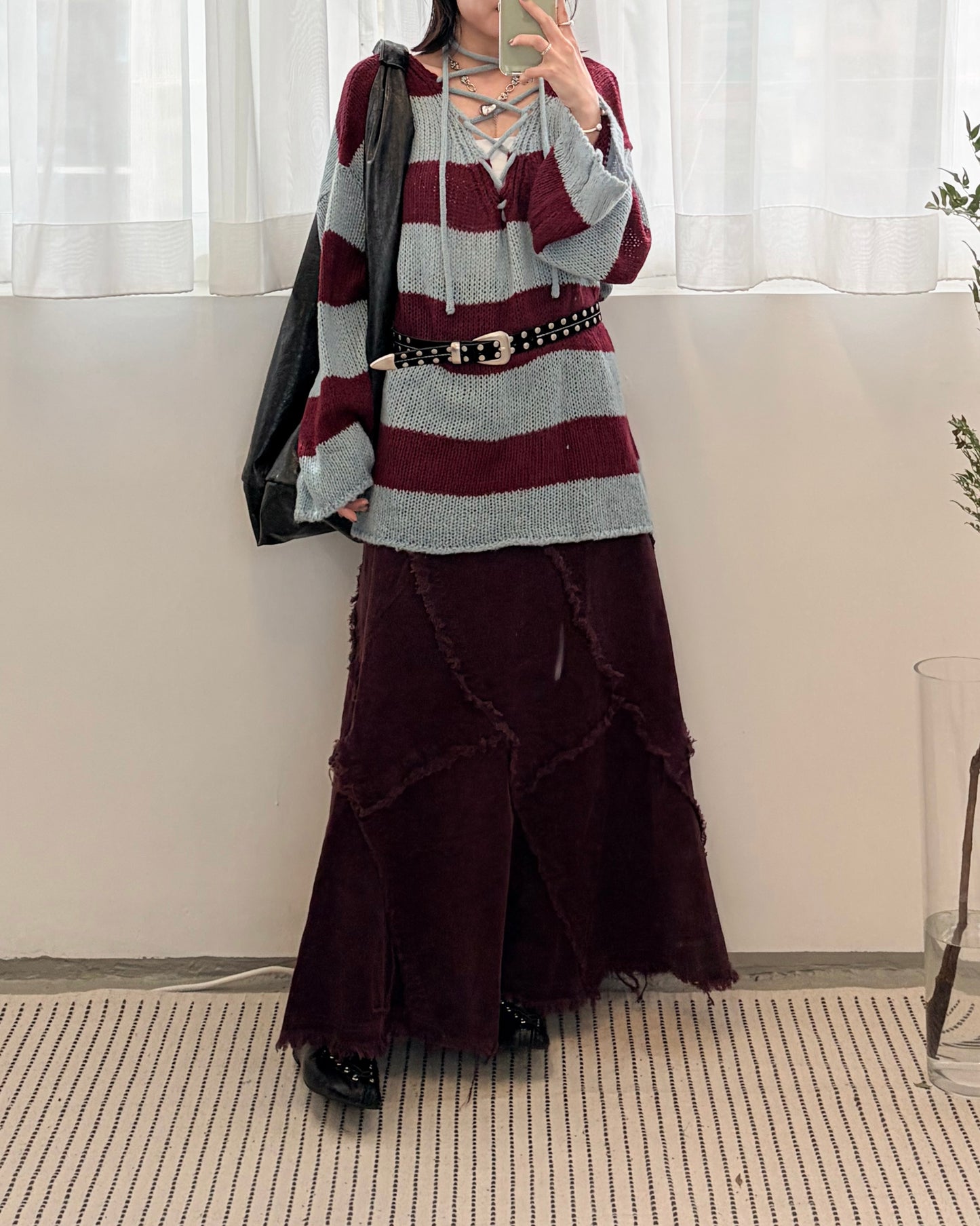 TP691- 拼色2 Ways Stripe Knit Top | Lime x Orange | Blue x Purple | Grey x Black