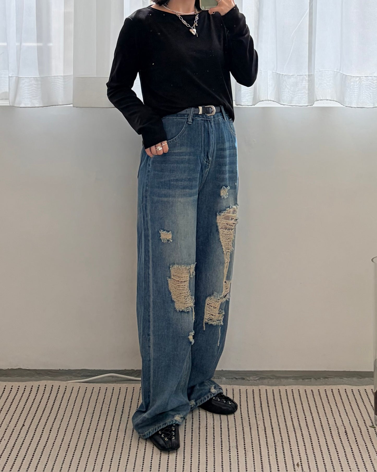 PT102- 破爛Lace Full Length Jeans