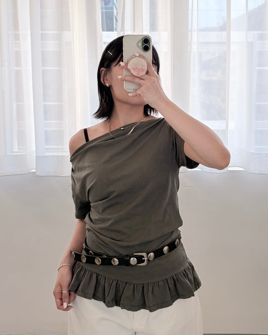 TP830- Off- shoulder Ruffle Top | Charcoal | Black