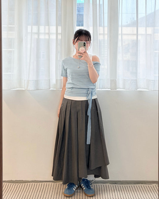 TP767- Stripe Off-shoulder Top With Neck Strap | White | Blue | Black