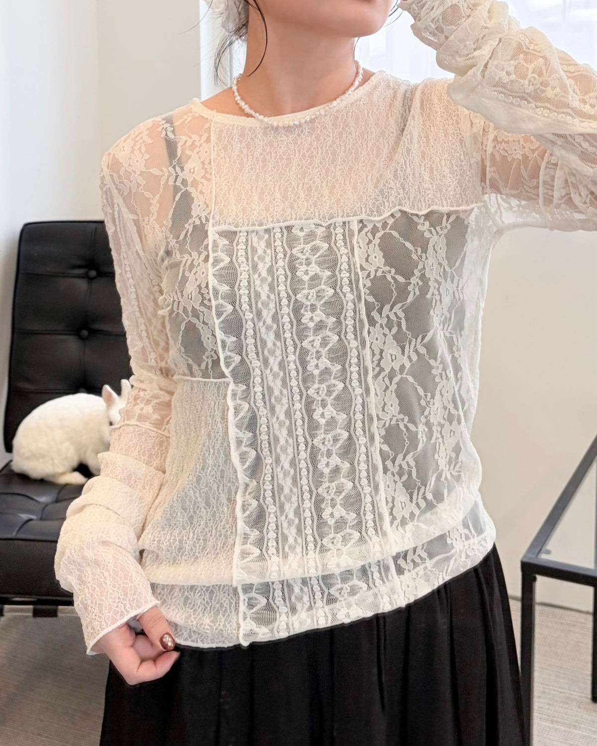 TP849- Lace Patchwork Pullover | Ivory | Black