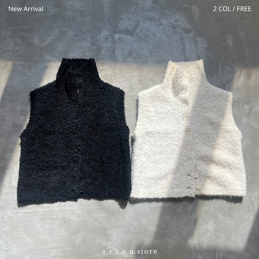 TP258- Stand Collar Vest Top / Cardigan | Ivory | Black