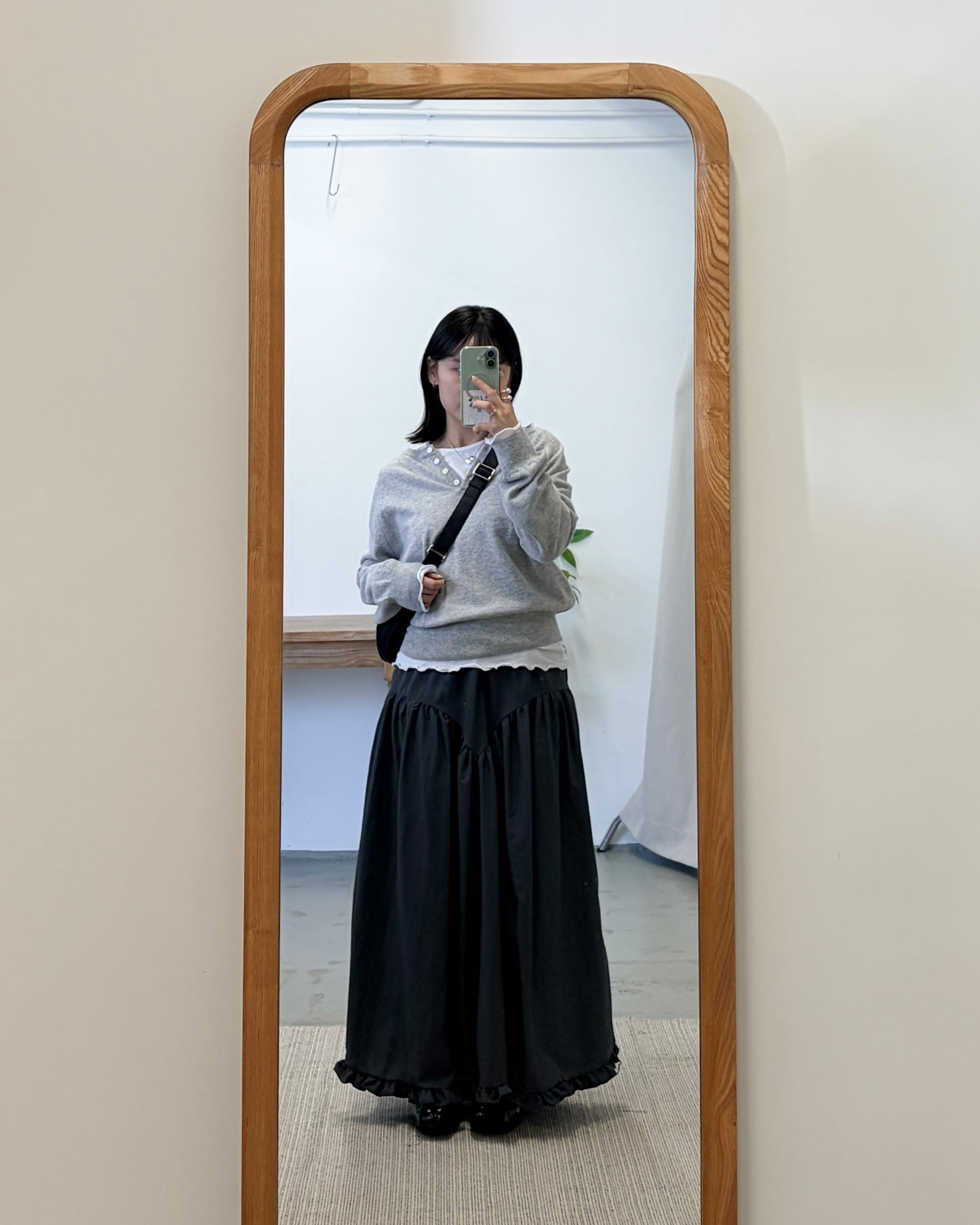 SK141- Ruffle Long Skirt | White | Charcoal