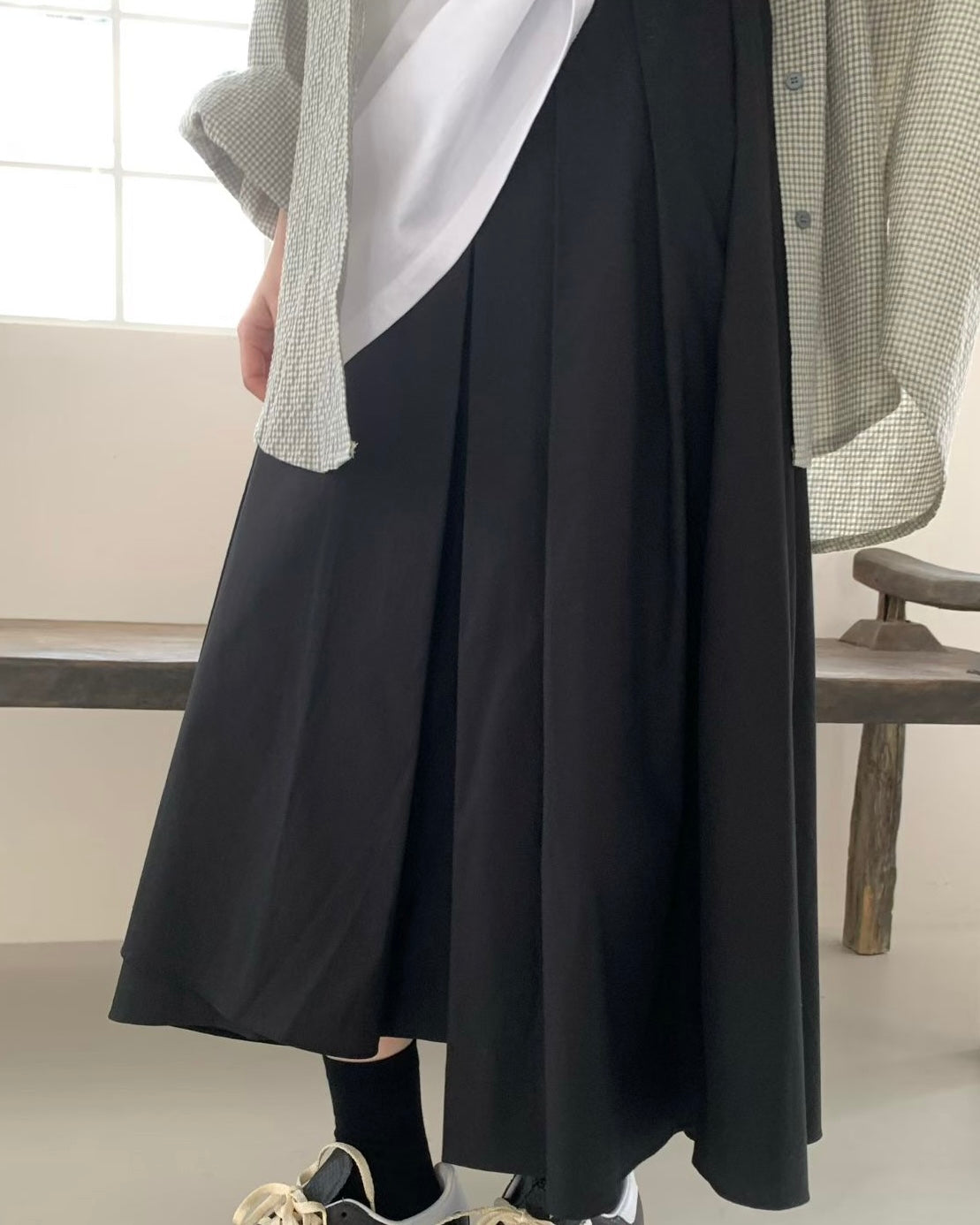 SK147- Layer Pleated Skirt | Grey | Black