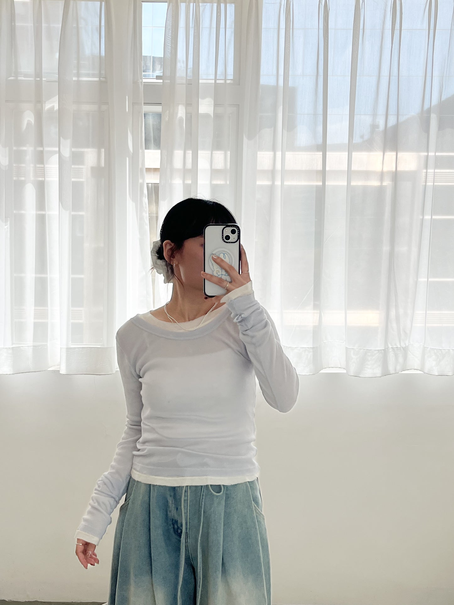 TP677- Long Sleeve Sheer Top | White | Pink | Blue | Grey