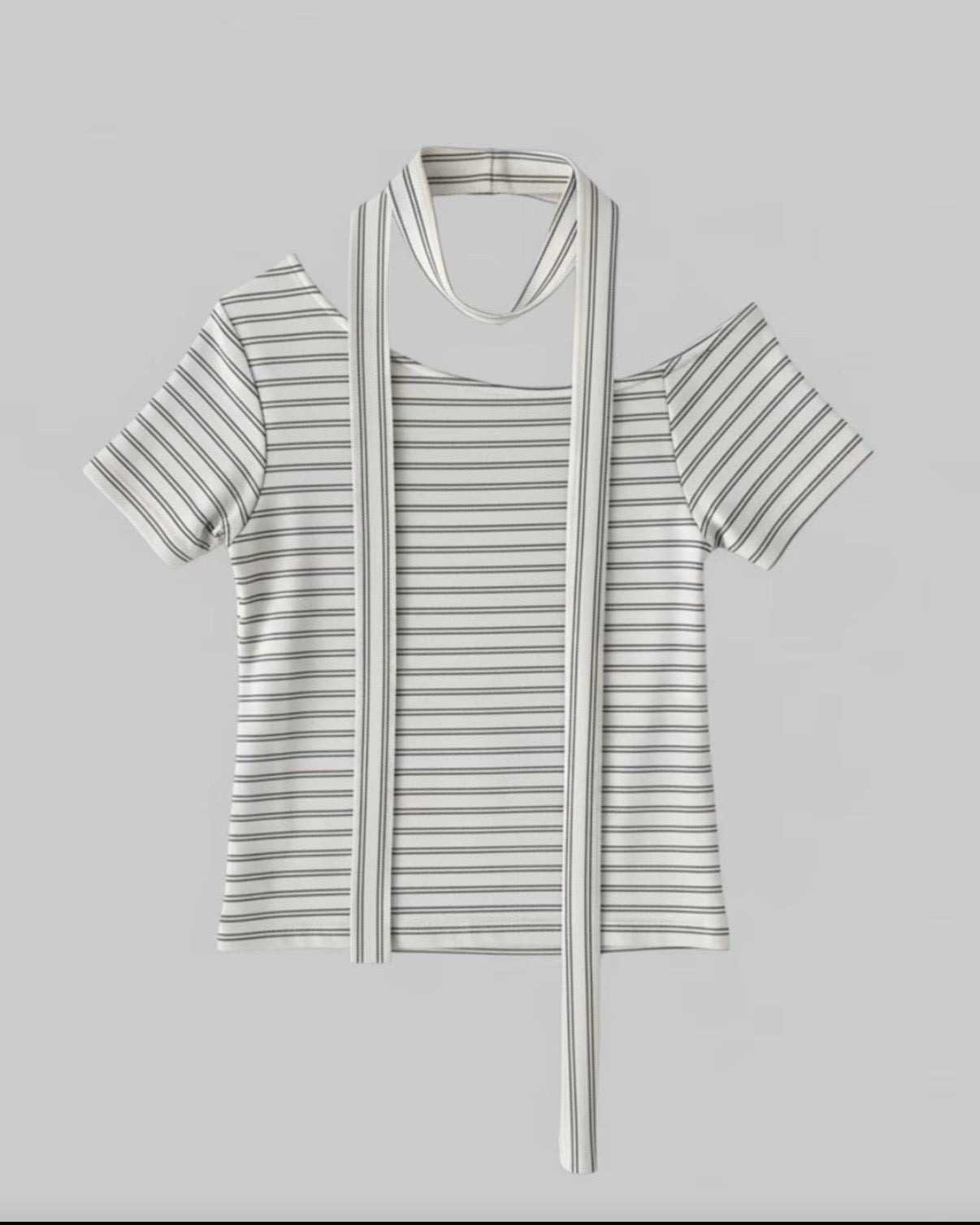 TP767- Stripe Off-shoulder Top With Neck Strap | White | Blue | Black