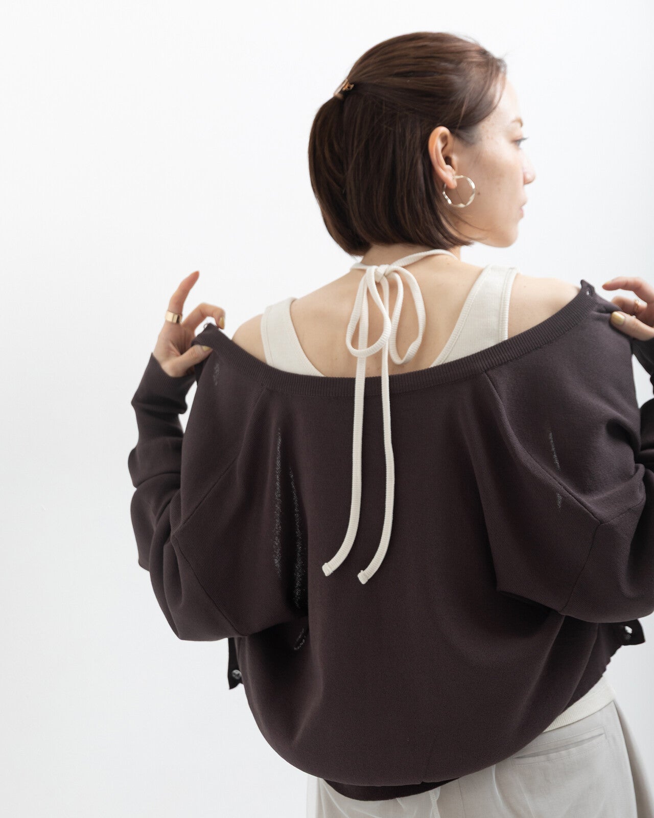 TP797- Corded Ribbon Tank Top With Cups | Ivory | Black