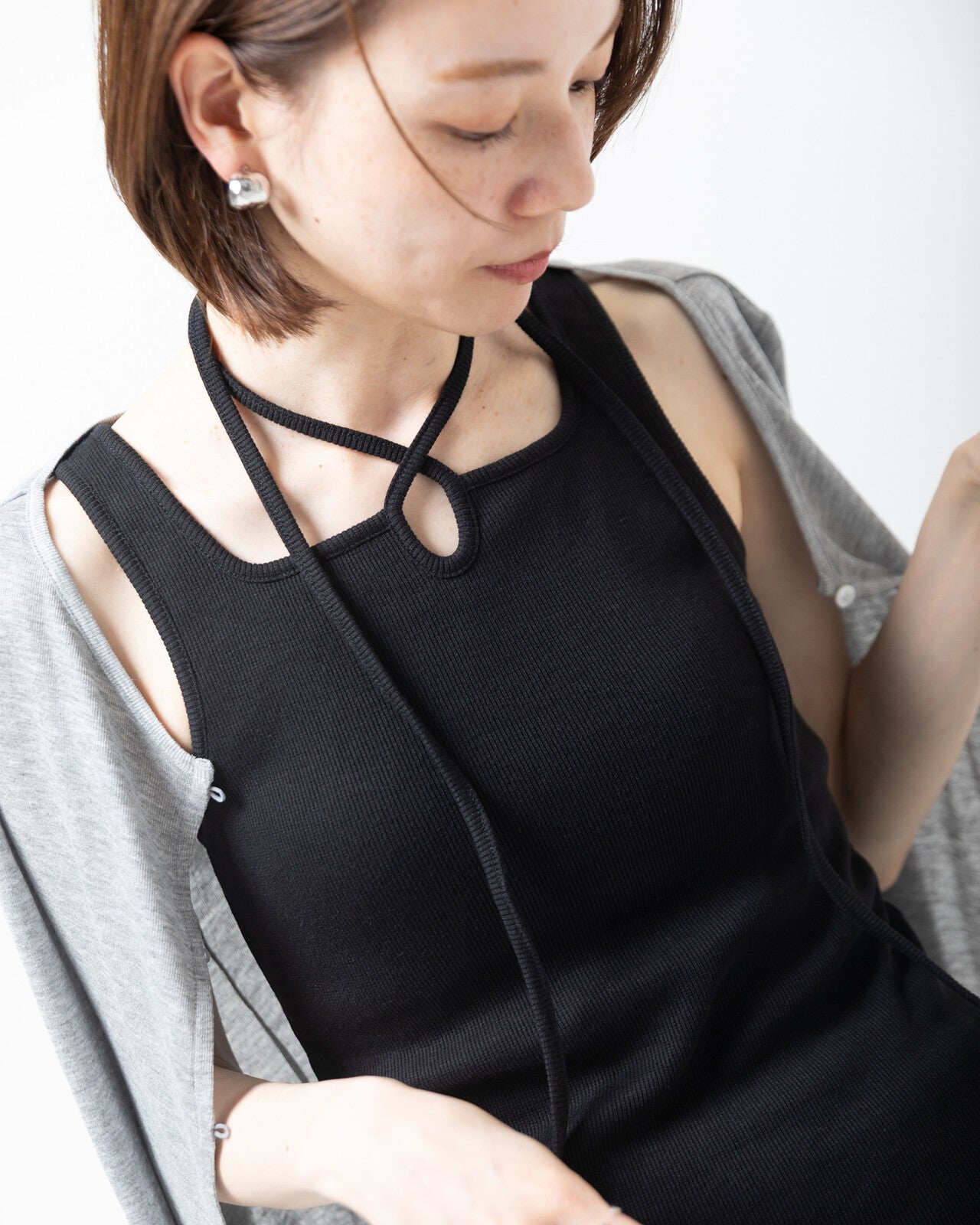 TP797- Corded Ribbon Tank Top With Cups | Ivory | Black