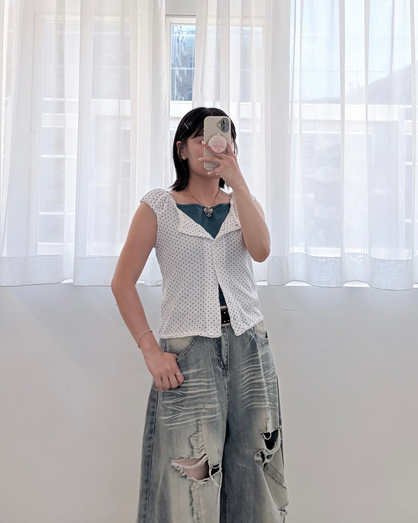 TP822- Small Dot Cute Vest Top | White | Navy