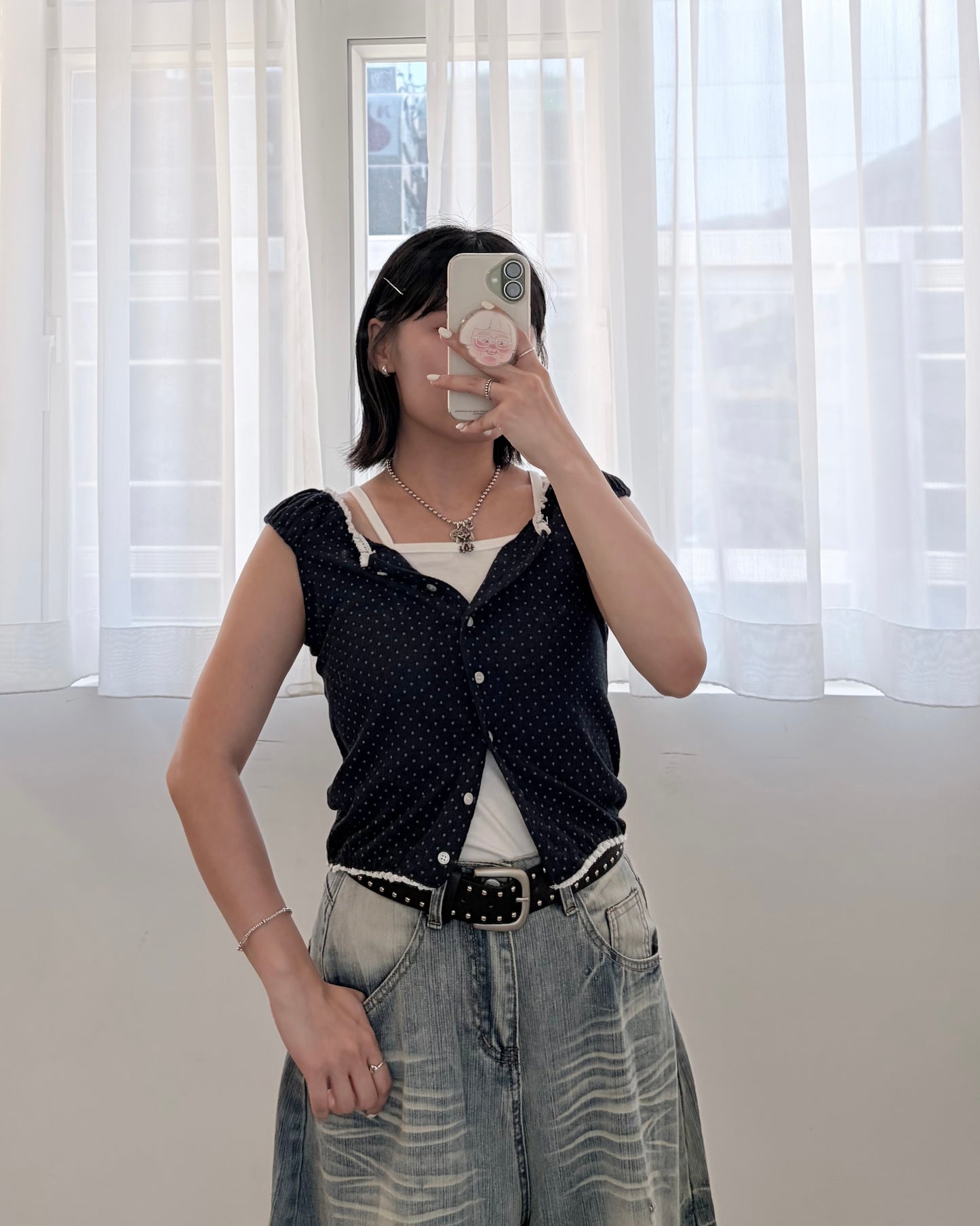TP822- Small Dot Cute Vest Top | White | Navy
