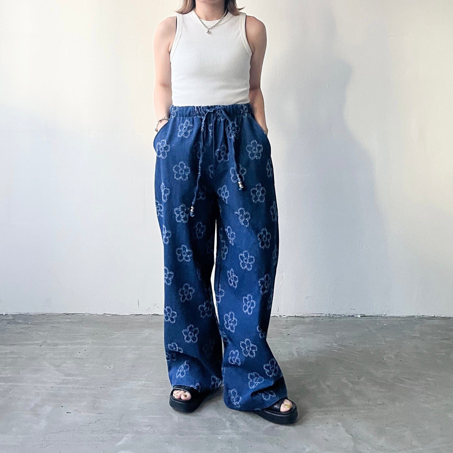 PT56- Flowers Denim Pants | Blue | Navy