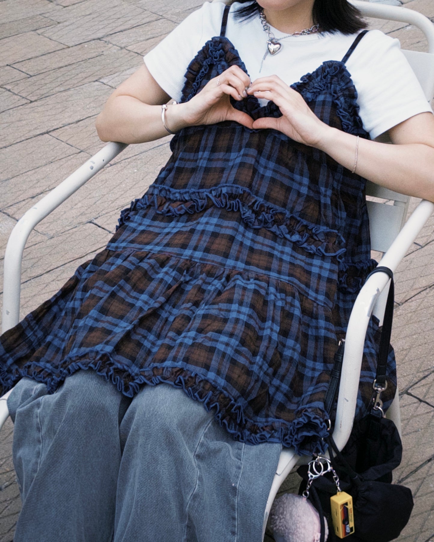 TP689- Ruffle Checked Vest Top | Navy