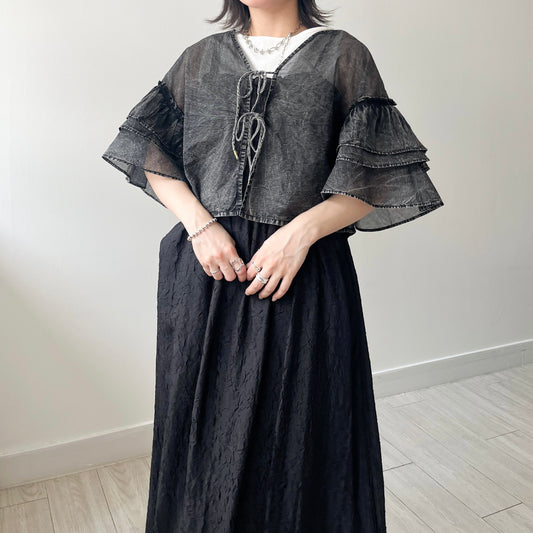 TP630- Ruffle Ribbon Cardigan | Grey Purple | Black