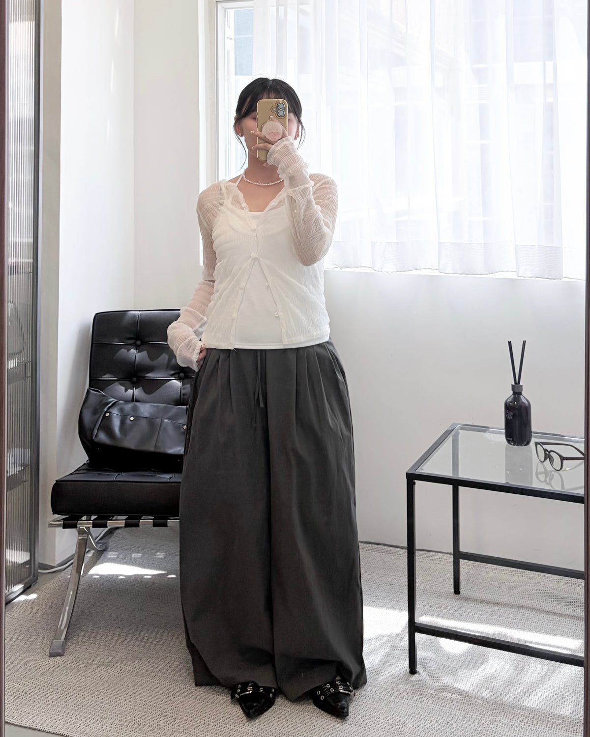 TP842- 透膚皺皺Top | White | Brown | Black