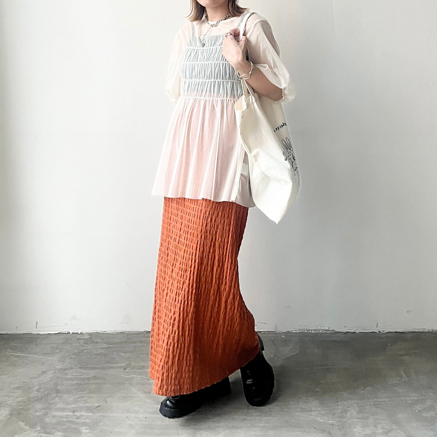 SK78- Checked H line Skirt | White | Orange