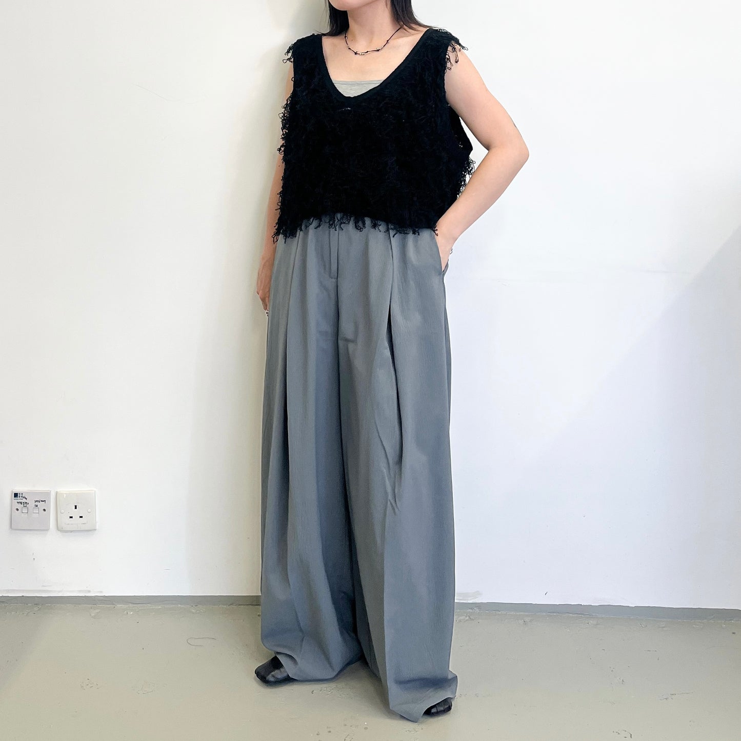 PT97- Long Pleated Wide Pants | Grey