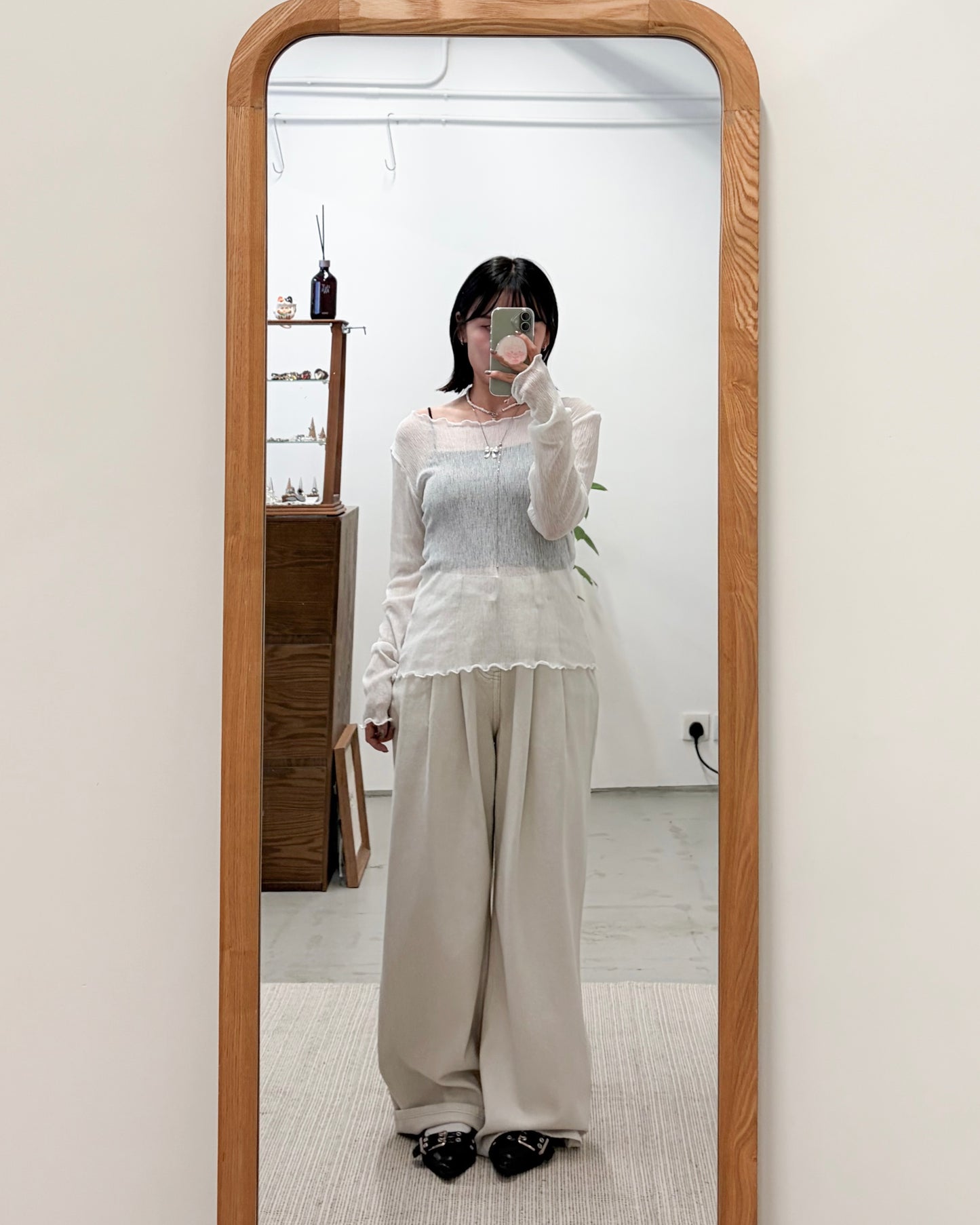 TP735- 樹紋 See-through Ruffle Top | White | Light grey | Grey | Blue | Black ( 超大彈性 )