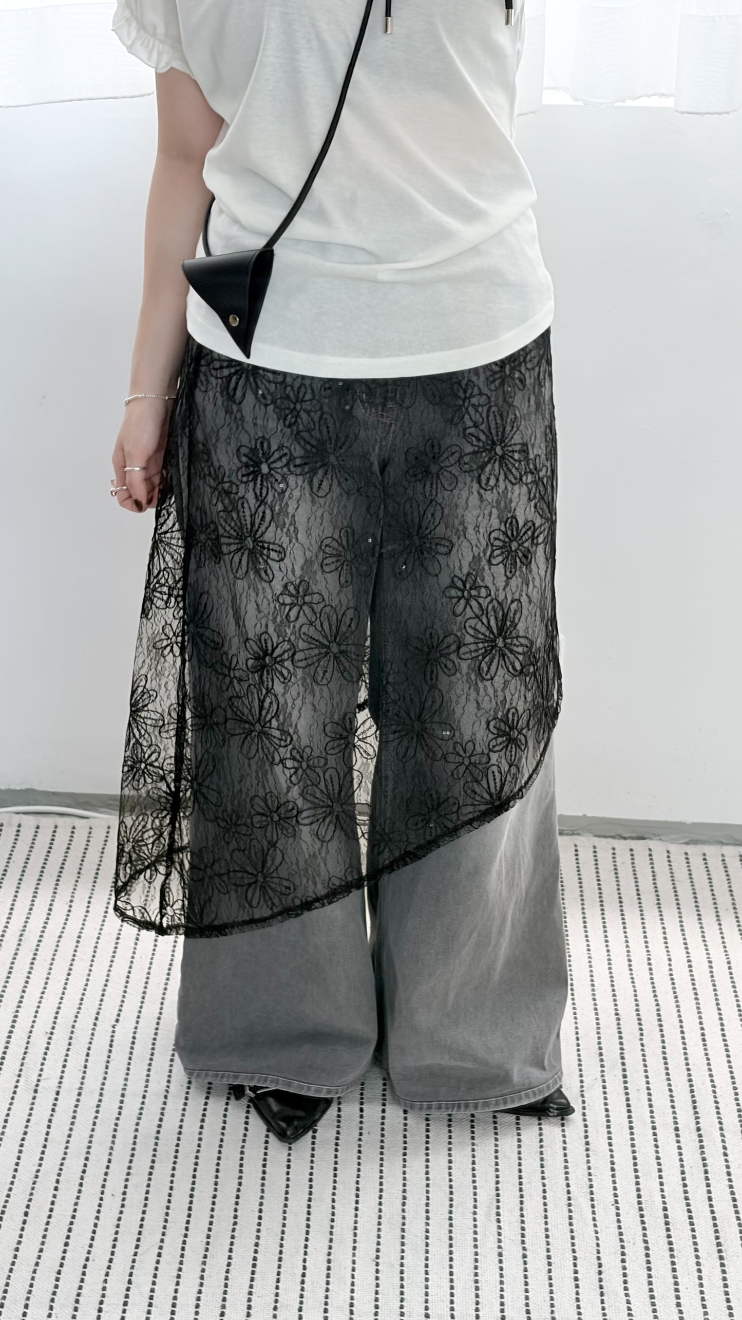 TP793- Flower Sheer Lace Overlay Skirt | Ivory | Black