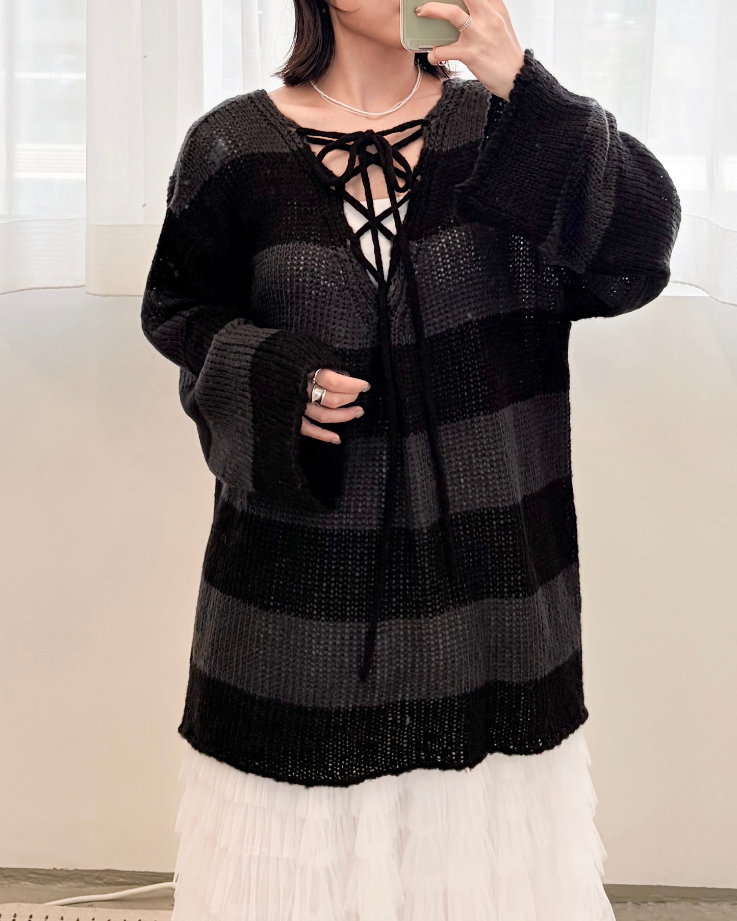 TP691- 拼色2 Ways Stripe Knit Top | Lime x Orange | Blue x Purple | Grey x Black