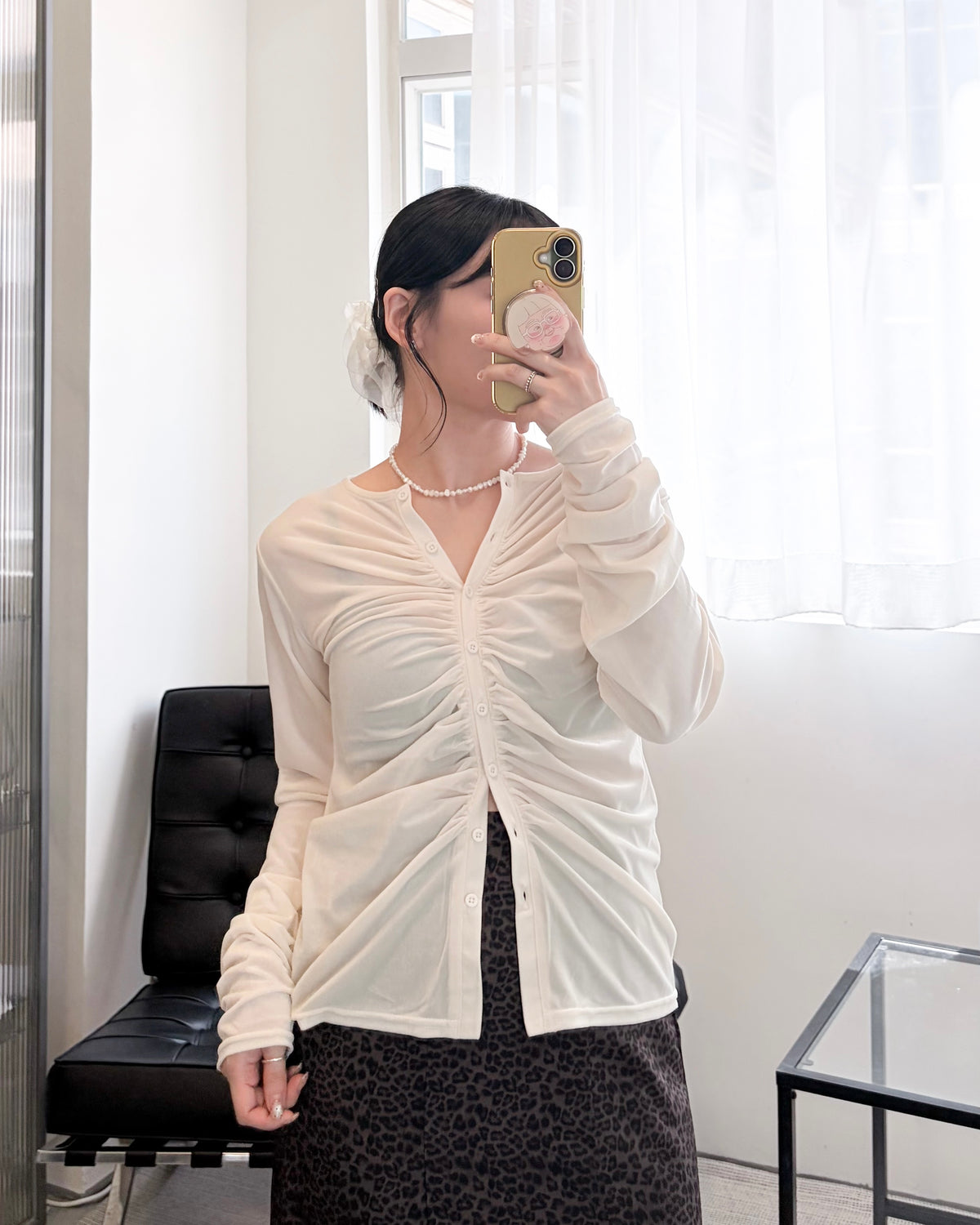TP838- Sheer Velour gathered Top| Ivory | Brown | Black