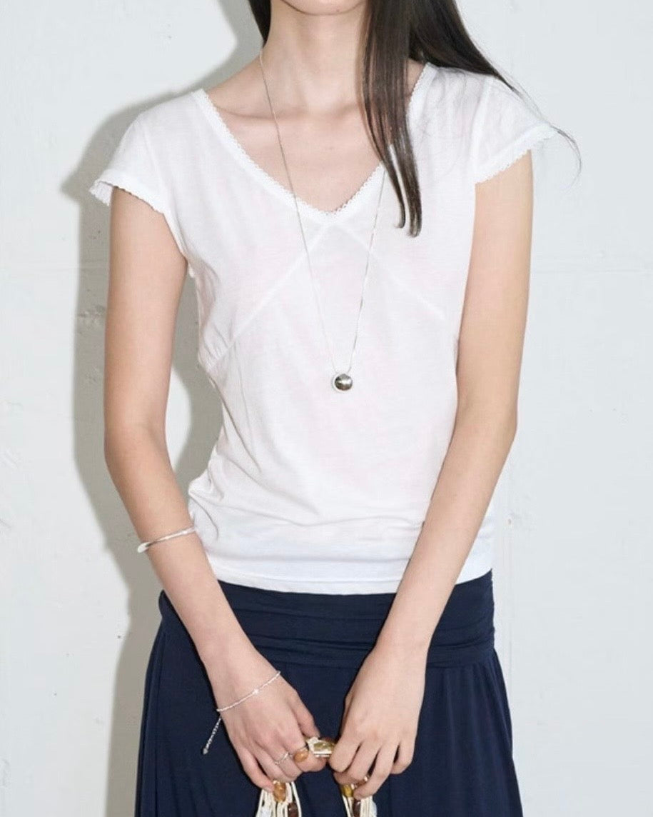TP811- Princess V Neck Top | White | Charcoal
