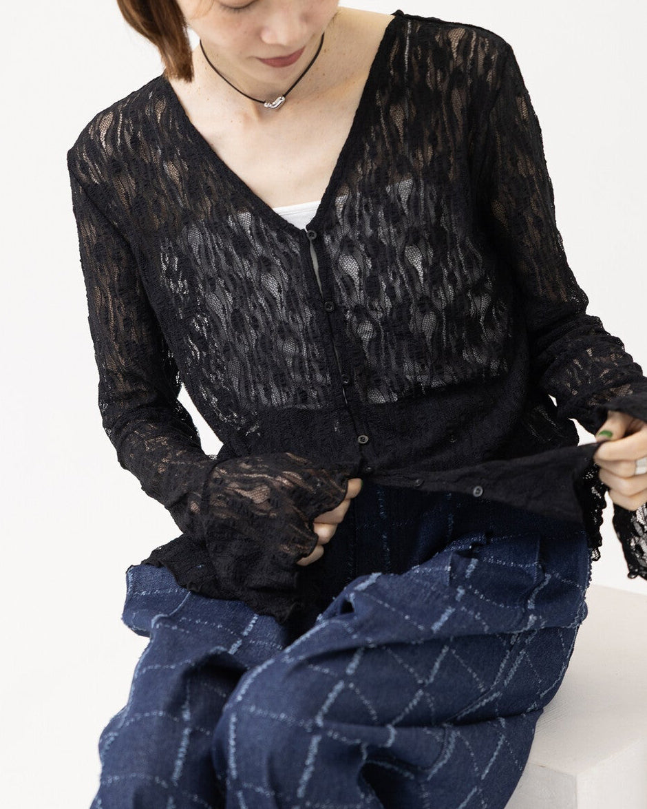 TP848- Lace Frill Cardigan | Ivory | Black