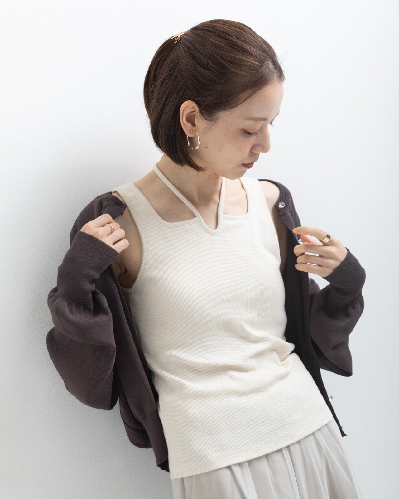 TP797- Corded Ribbon Tank Top With Cups | Ivory | Black