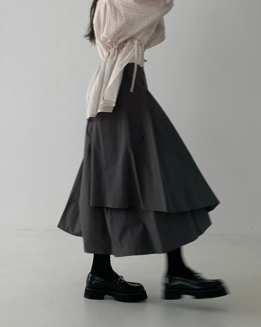 SK147- Layer Pleated Skirt | Grey | Black