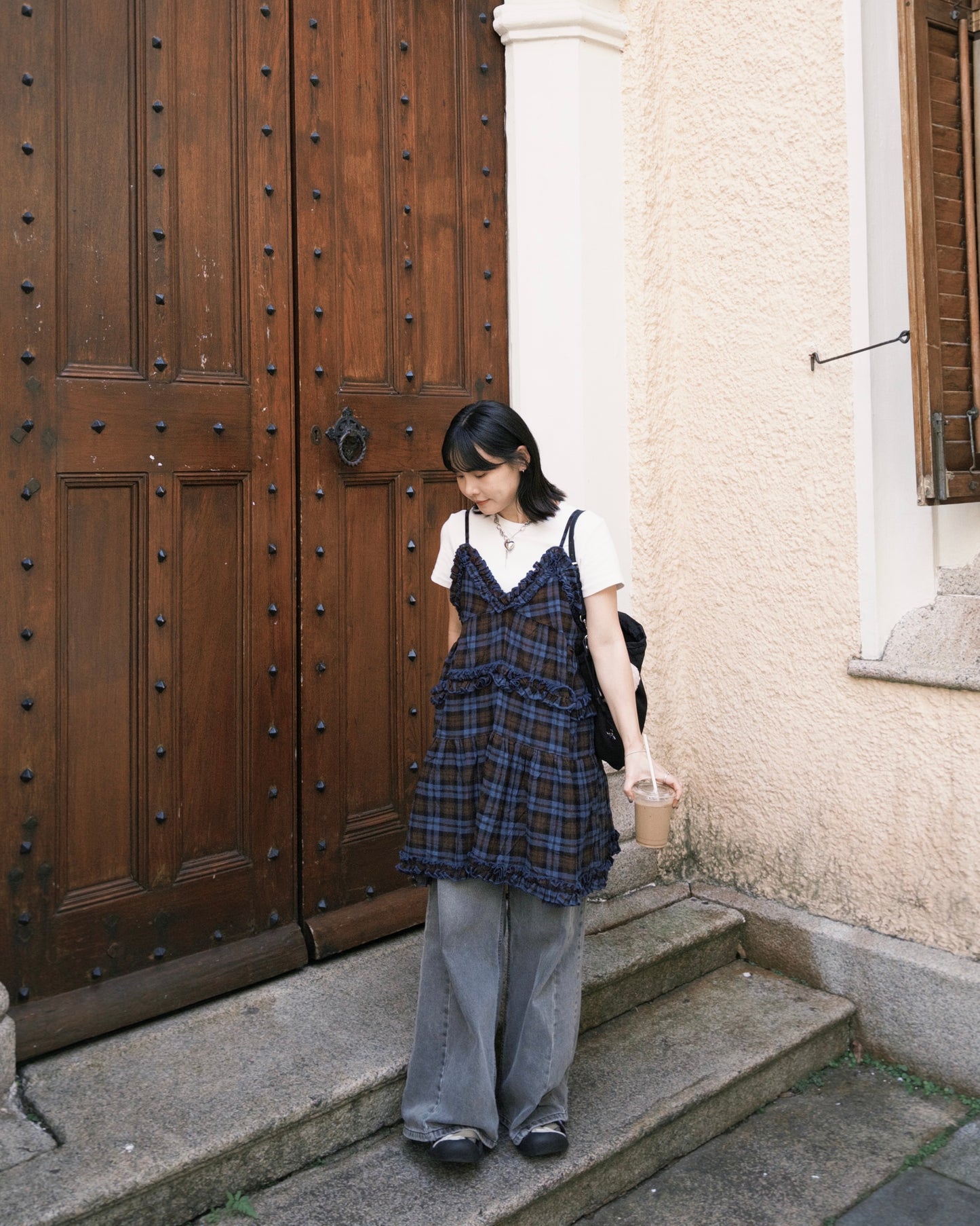 TP689- Ruffle Checked Vest Top | Navy