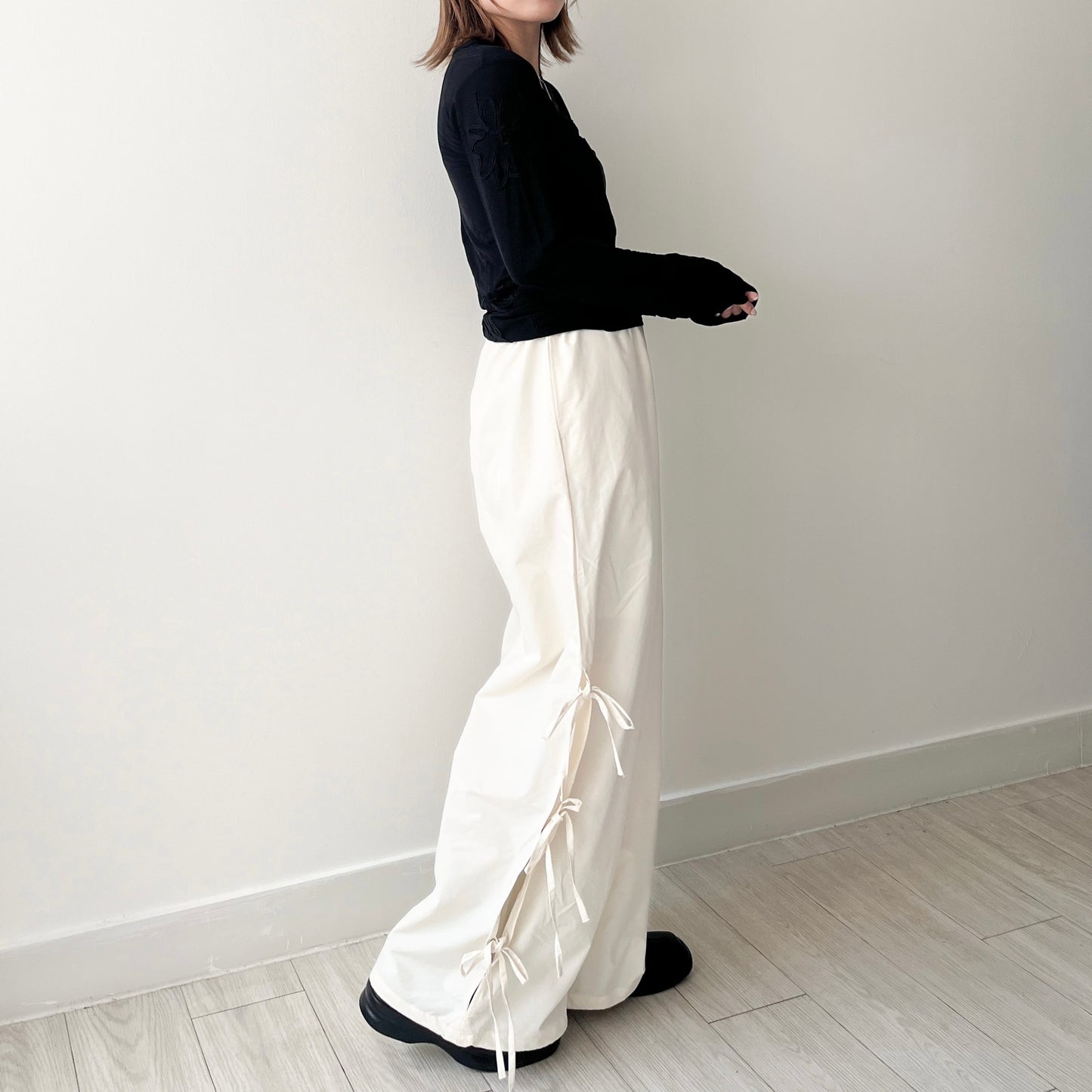 PT60- Side Ribbon Fell Length Pant | Ivory | Grey | Black