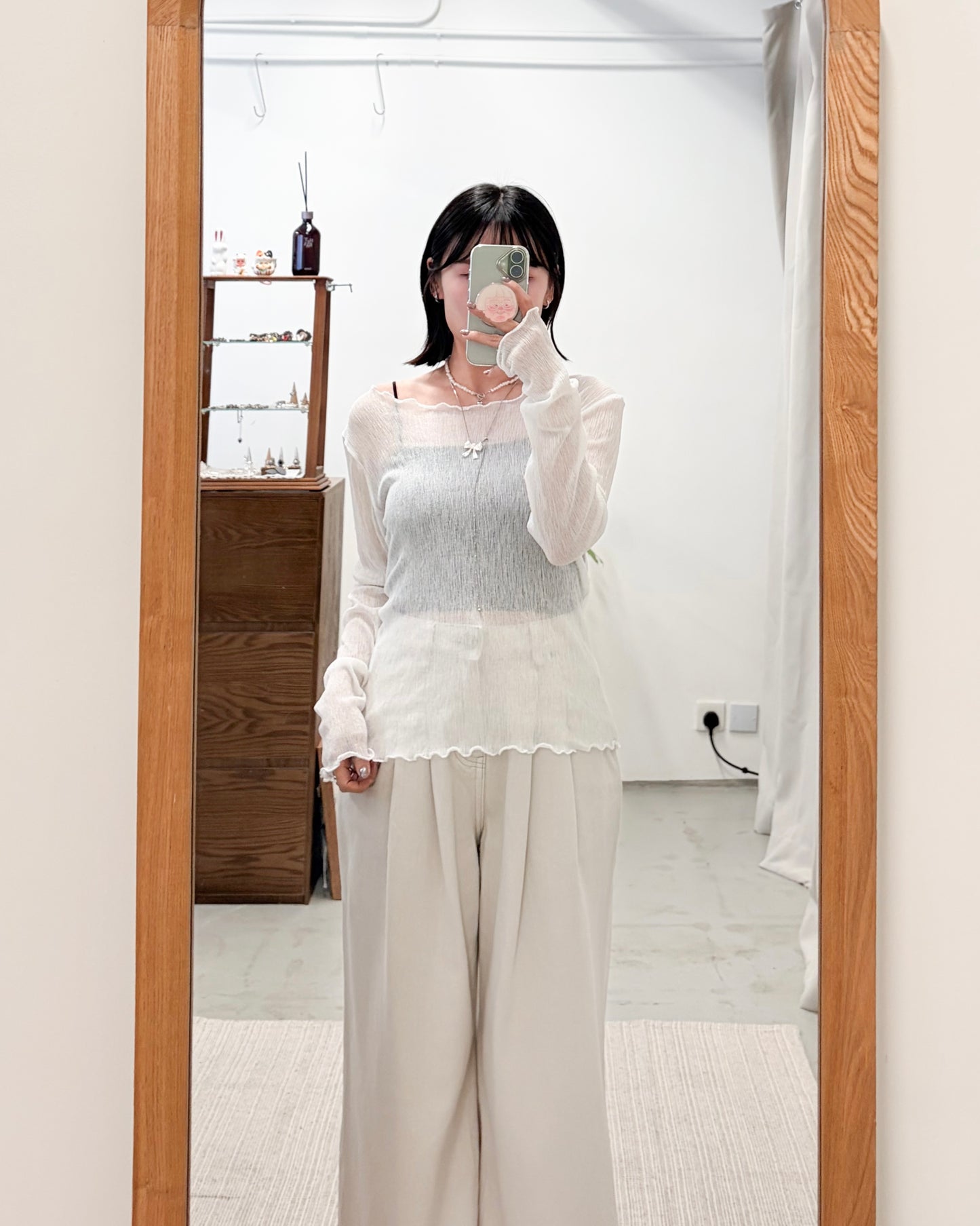 TP735- 樹紋 See-through Ruffle Top | White | Light grey | Grey | Blue | Black ( 超大彈性 )