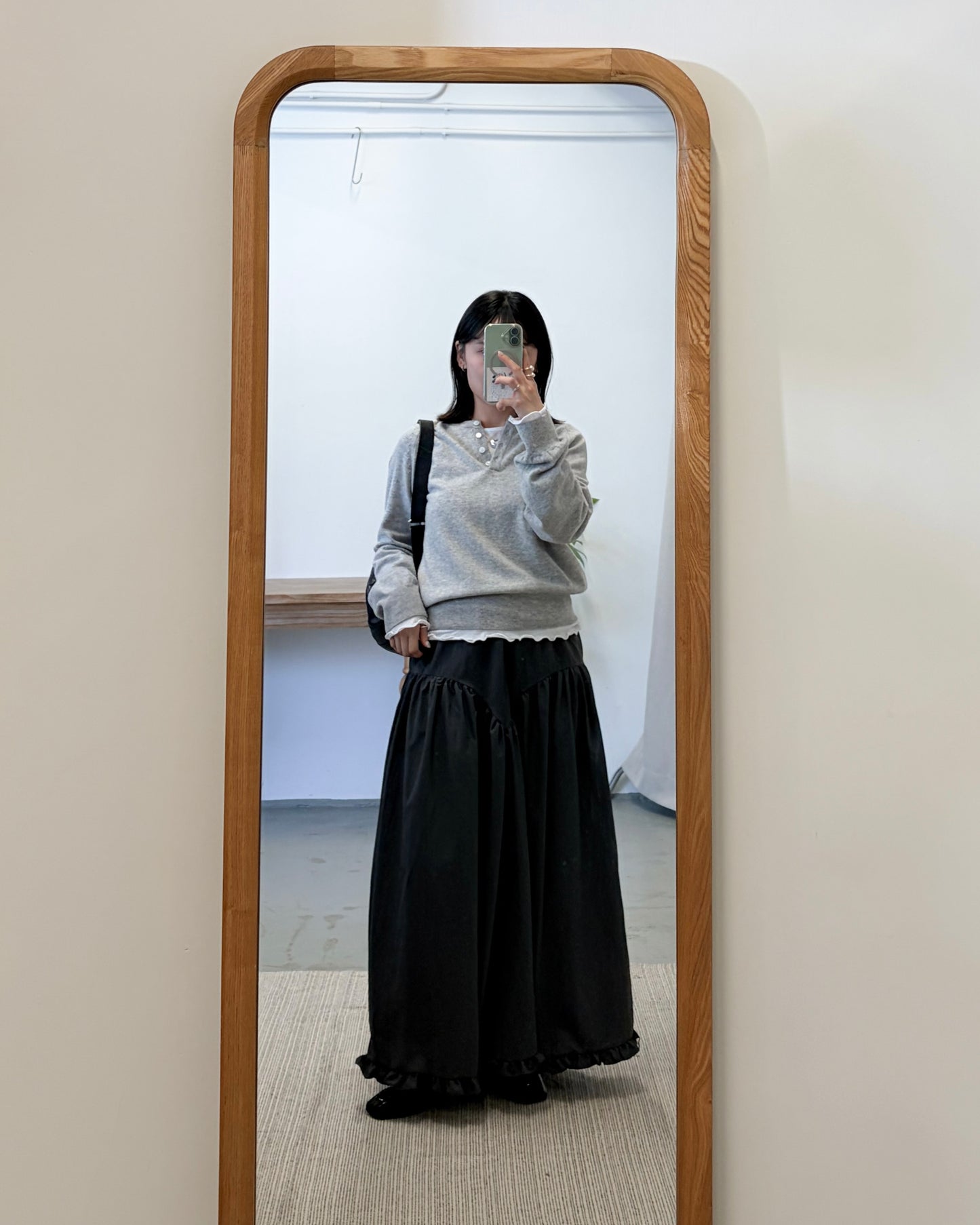 SK141- Ruffle Long Skirt | White | Charcoal