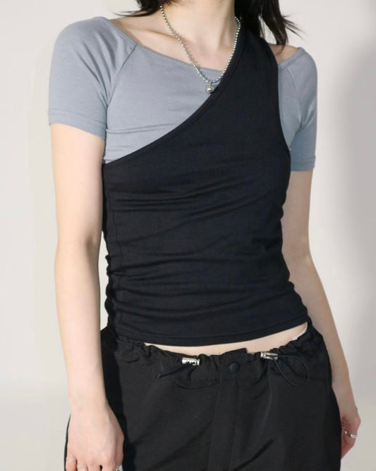 TP755- Off Shoulder 2 in 1 Top | Black | White x Grey | Grey ( 2件可分開 )