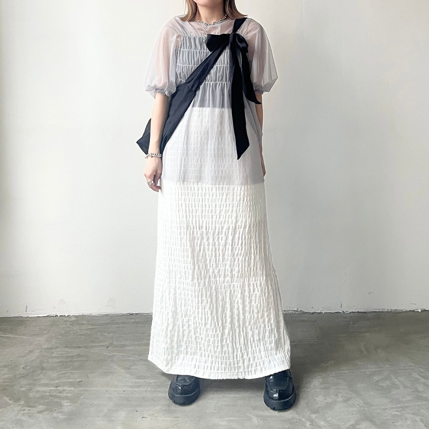 SK78- Checked H line Skirt | White | Orange