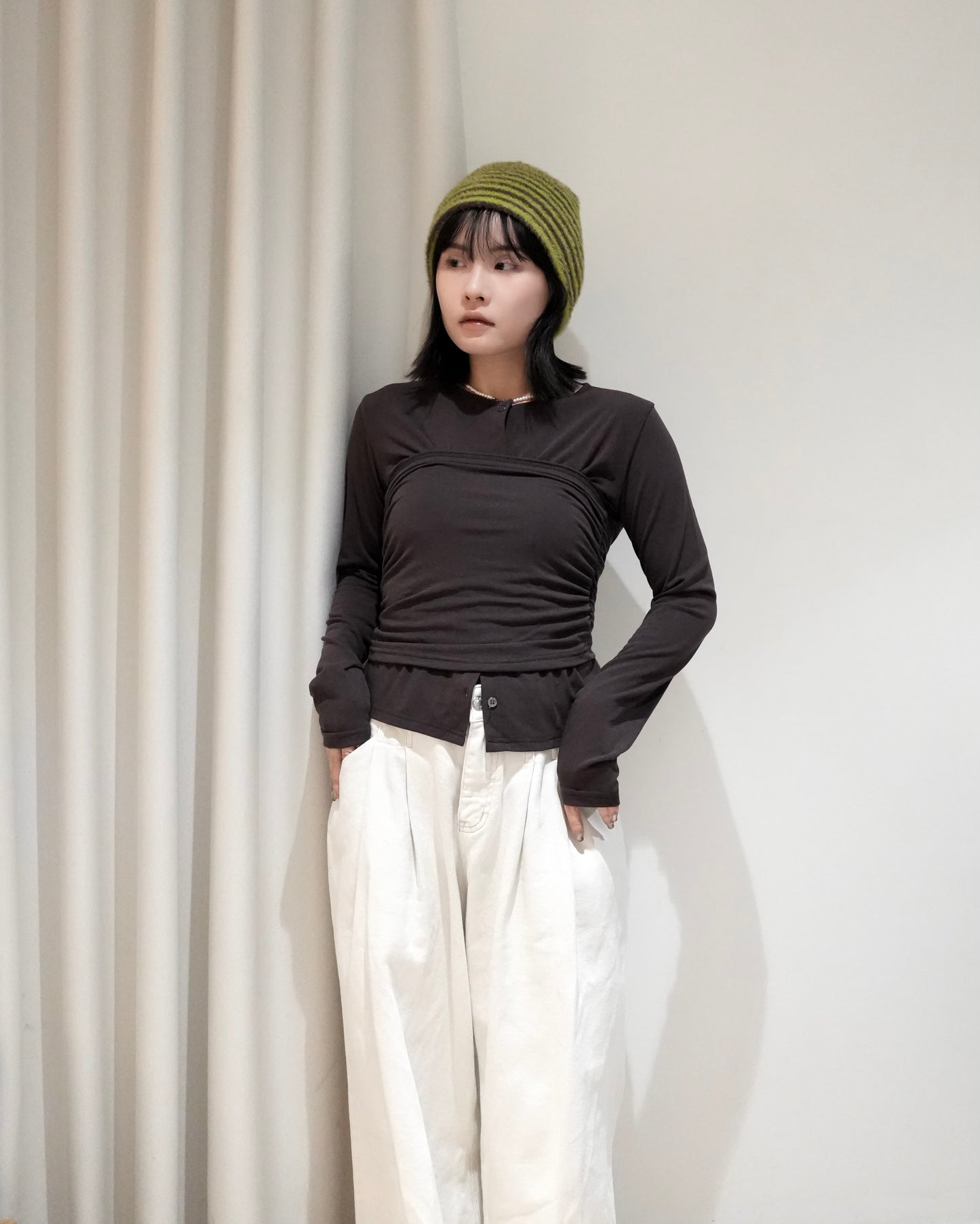 TP698- Tube Top Button Set Top | Ivory | Brown | Grey （ 內有薄抓毛 ，超級巨軟熟 )