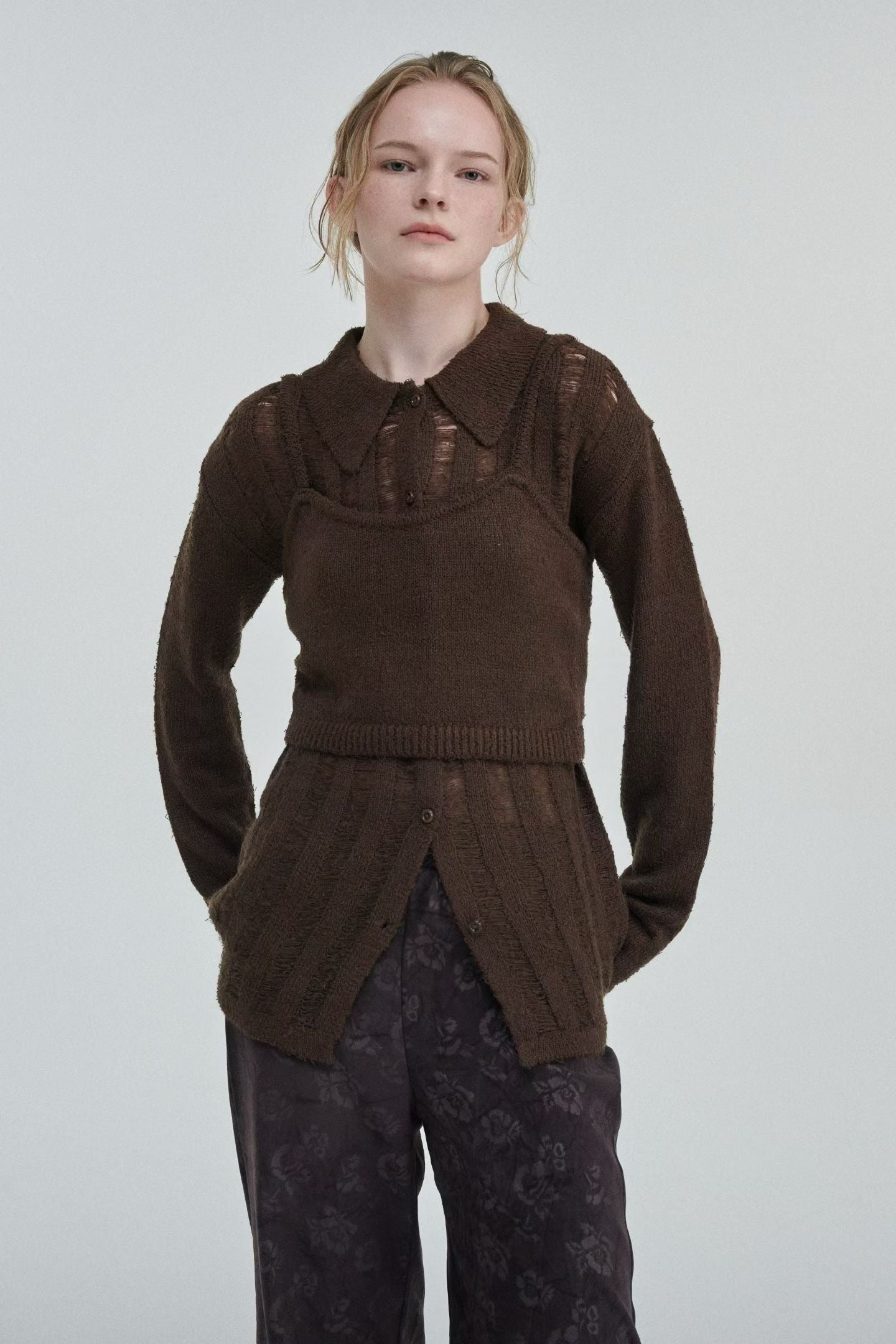 TP713-高質破爛Knit Set Top | Ivory | Grey | Brown ( 2件裝 )