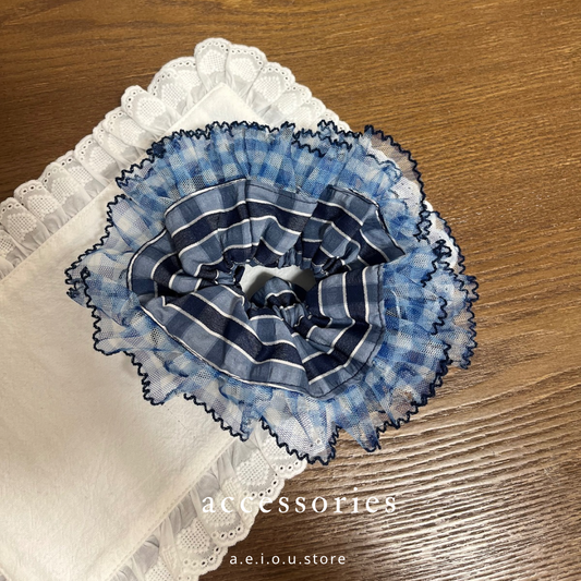 AC243- 藍色格仔網紗橡筋圈