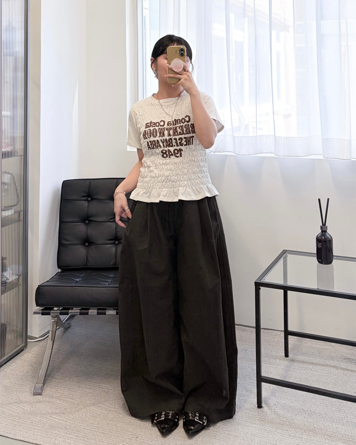 TP843- Printed Short Sleeve Shirring Top | Oatmeal | Charcoal