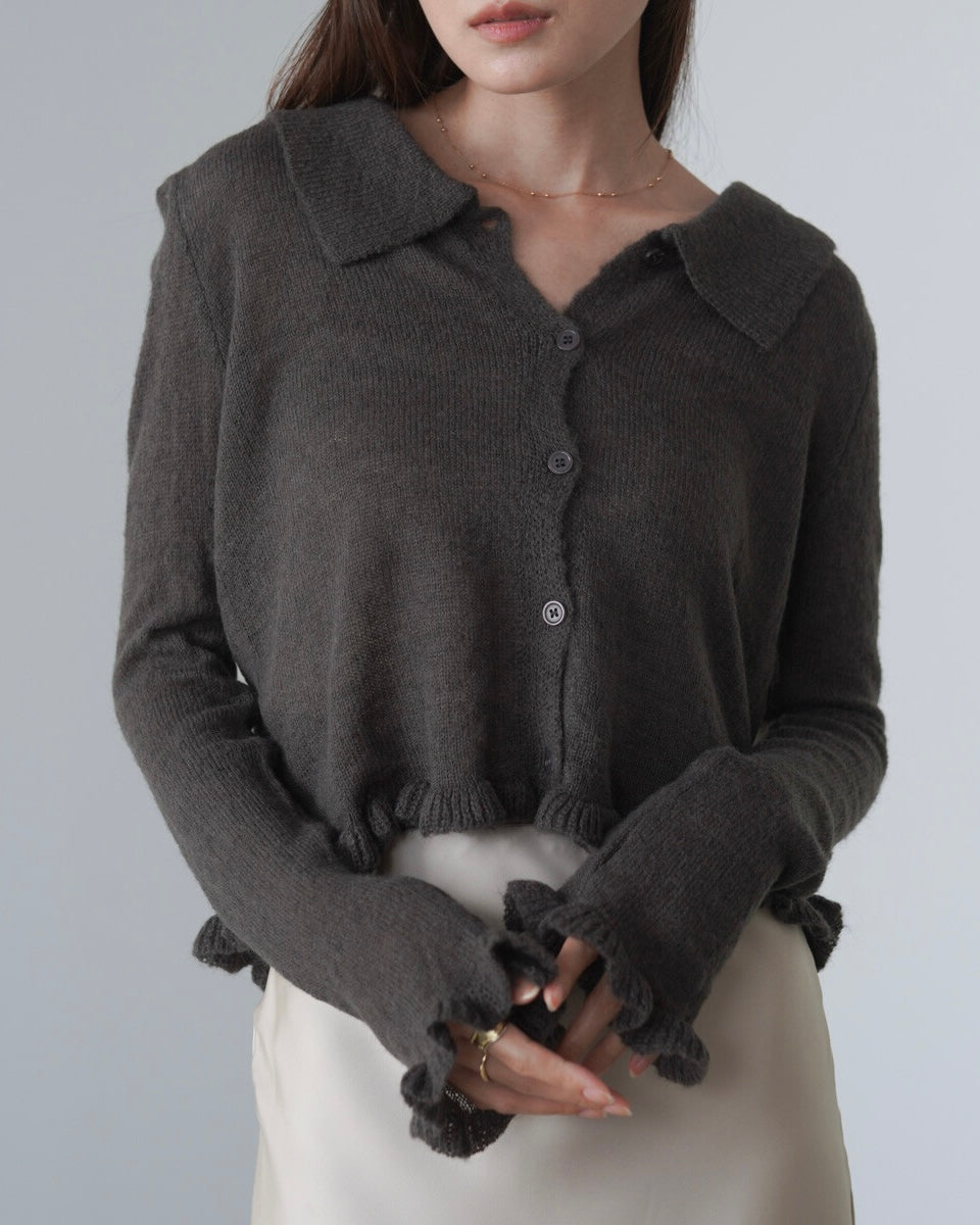 JK46- Ruffle Knit Cardigan | Grey | Brown