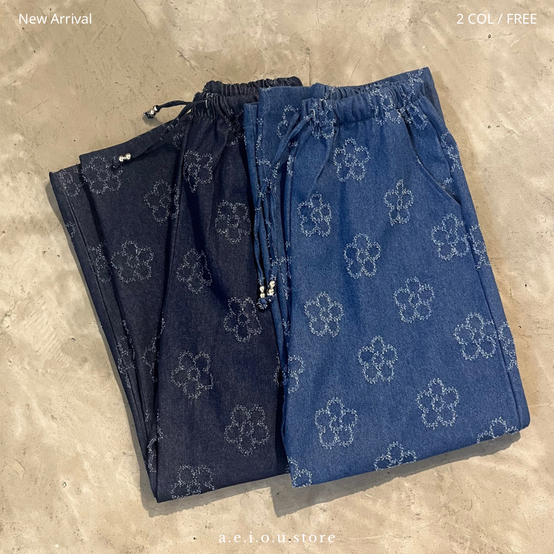 PT56- Flowers Denim Pants | Blue | Navy