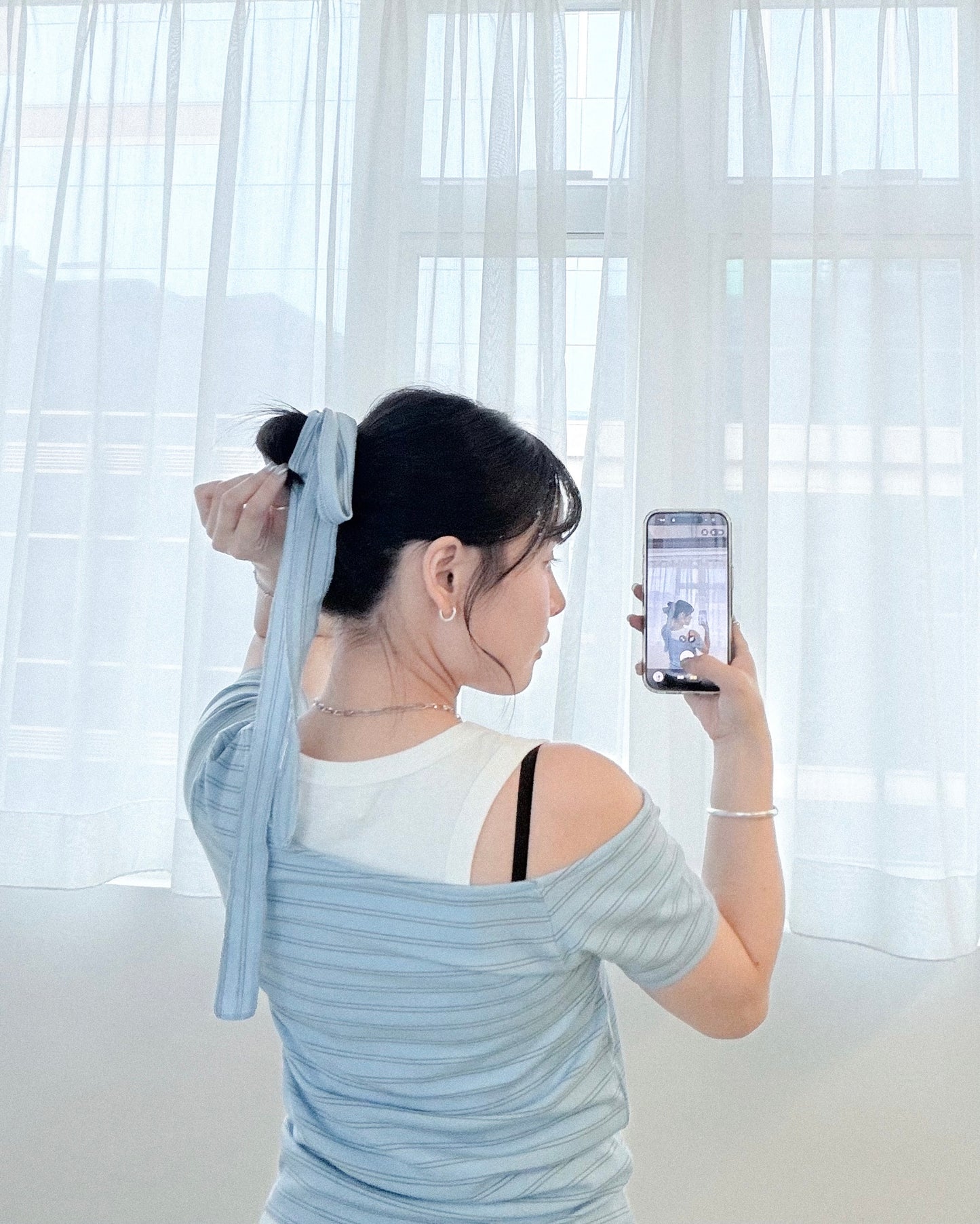 TP767- Stripe Off-shoulder Top With Neck Strap | White | Blue | Black