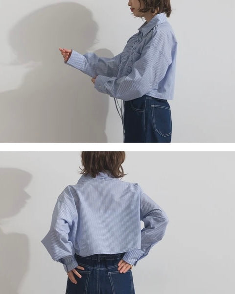 TP739- Front Shirring Short Length Shirt | Pink | Blue