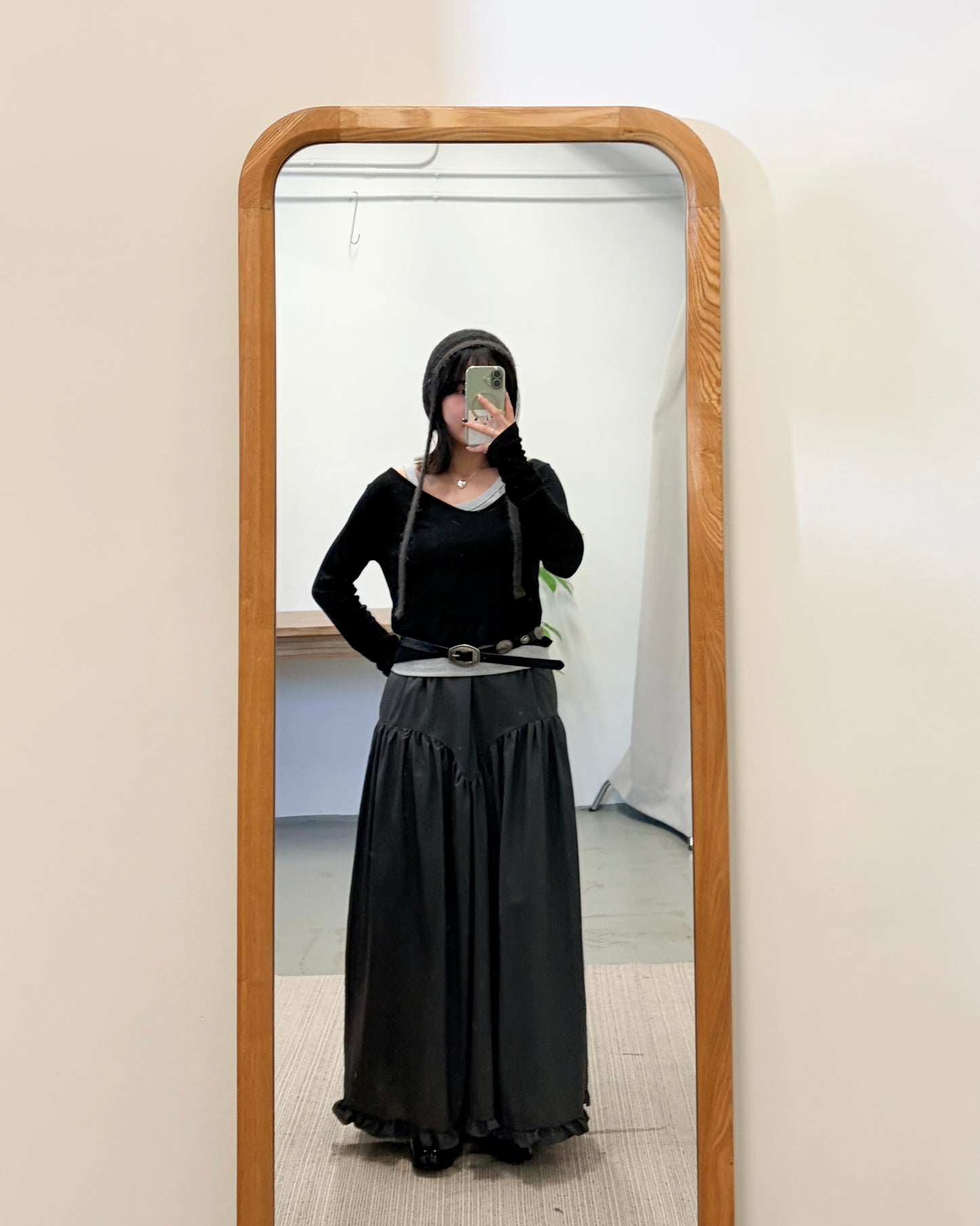 SK141- Ruffle Long Skirt | White | Charcoal