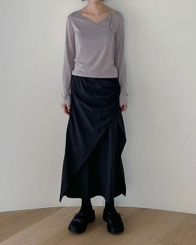 SK143- layer斜Cut打褶長裙 | Grey | Black