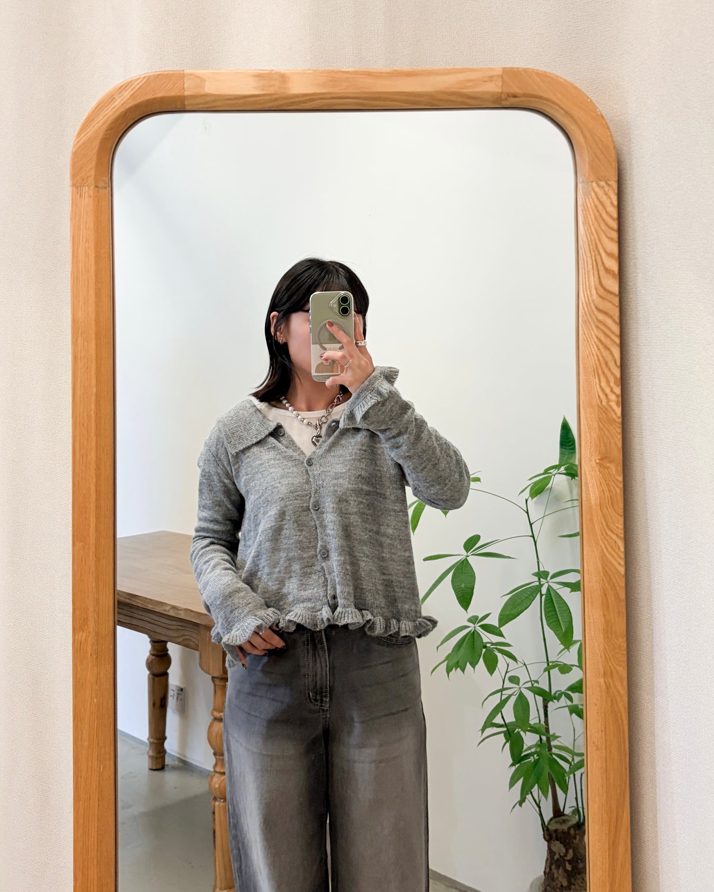 JK46- Ruffle Knit Cardigan | Grey | Brown