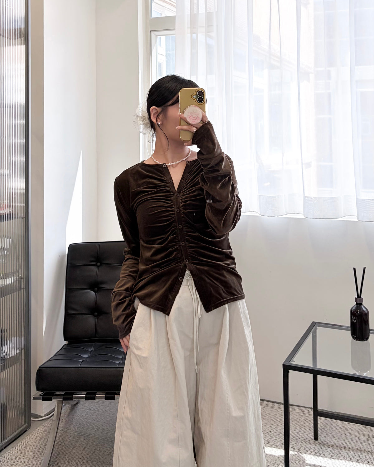 TP838- Sheer Velour gathered Top| Ivory | Brown | Black