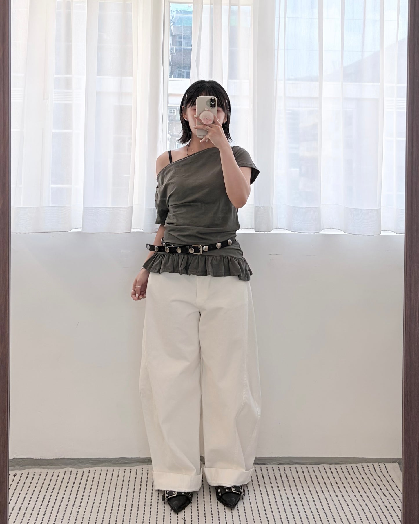 TP830- Off- shoulder Ruffle Top | Charcoal | Black