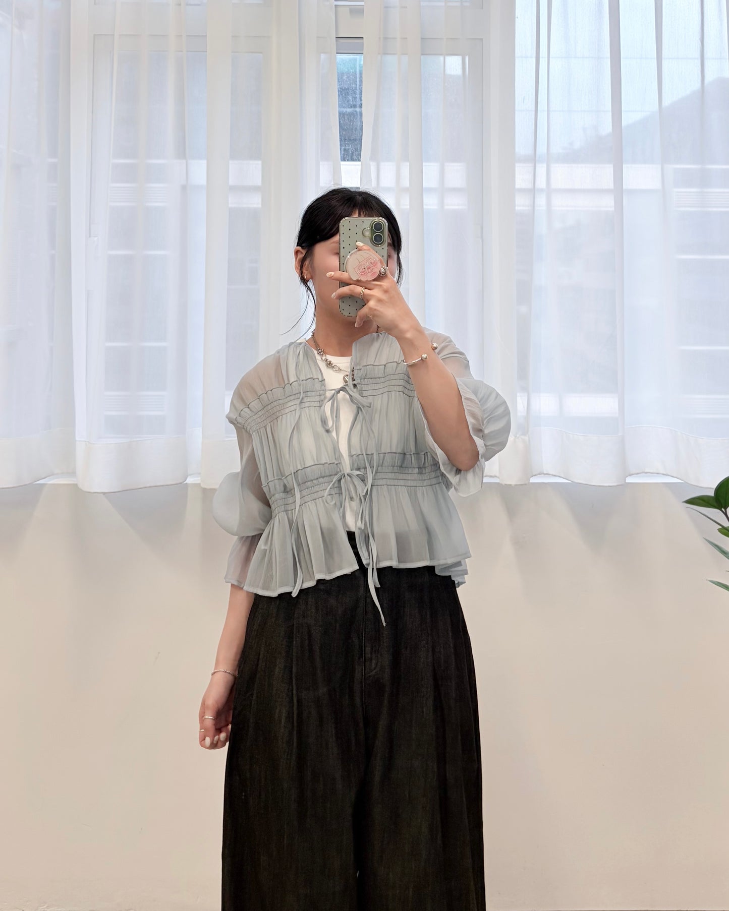 TP802- Front Ribbon Sheer Blouse | White | Blue | Stripe Yellow | Stripe Blue