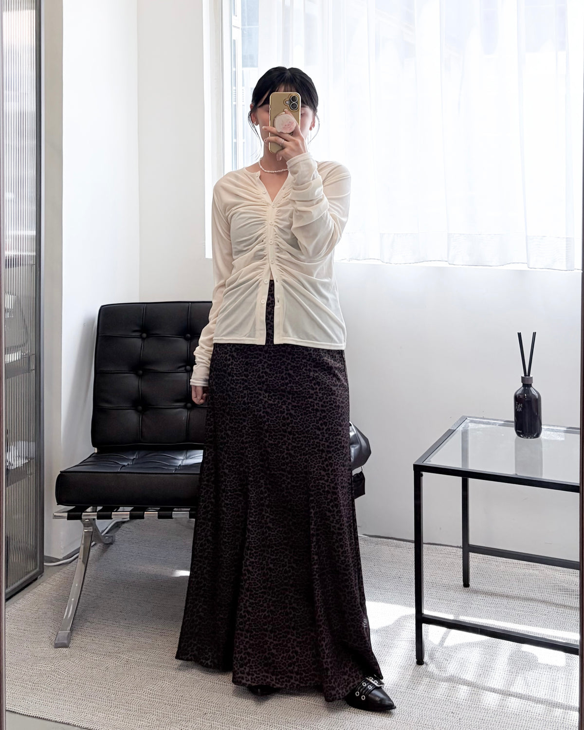 TP838- Sheer Velour gathered Top| Ivory | Brown | Black